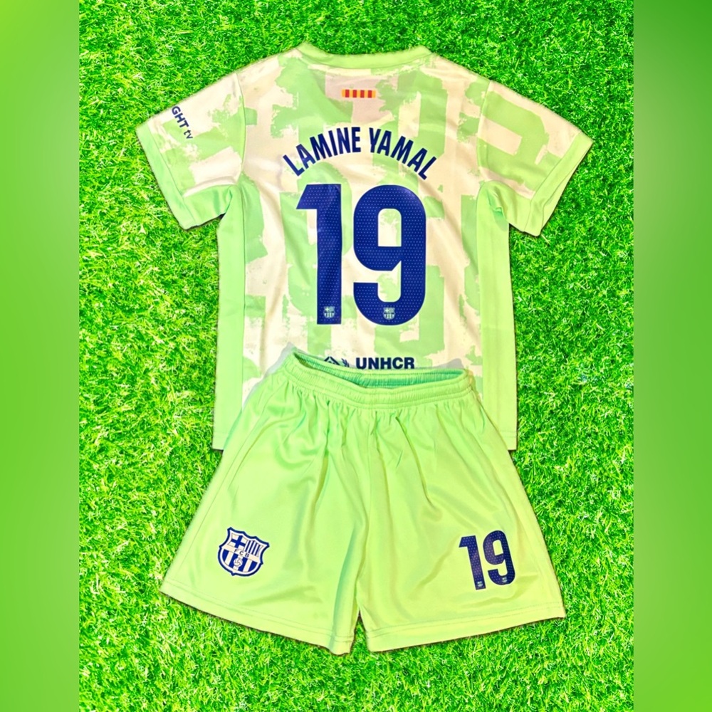 Green Lamine Yamal Jersey Kids Soccer Set Jersey and Shorts Barcelona Football